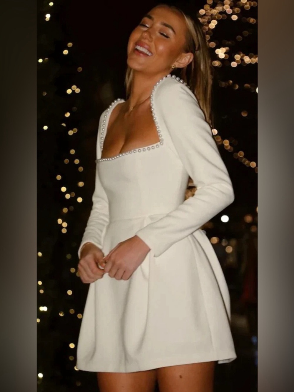 Odd Muse Ivory Pearl-Trim Long Sleeve Mini Dress